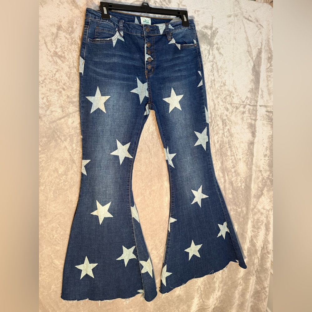 Star Print Dark Blue High-Rise Flare Jeans Raw Hem Bell Bottoms Americana